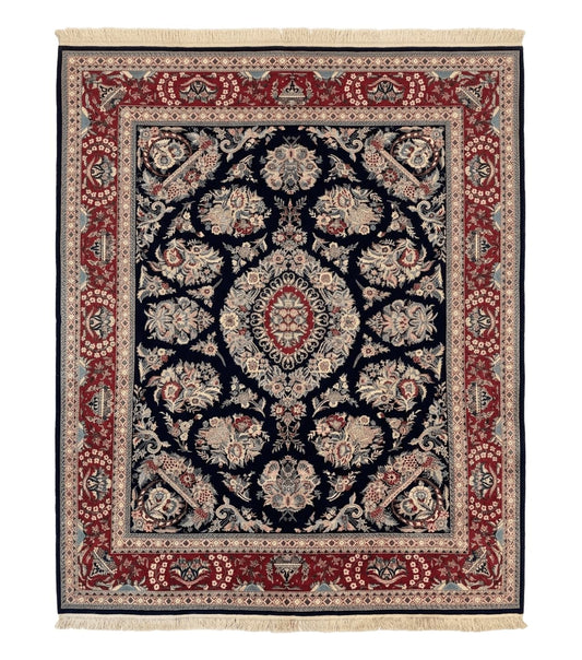 Sino Persian Rug 8x10, Floral Kirman Carpet, Navy Blue and Red, Floral Vases, Handmade Vintage Wool Carpet, 320 KPSI