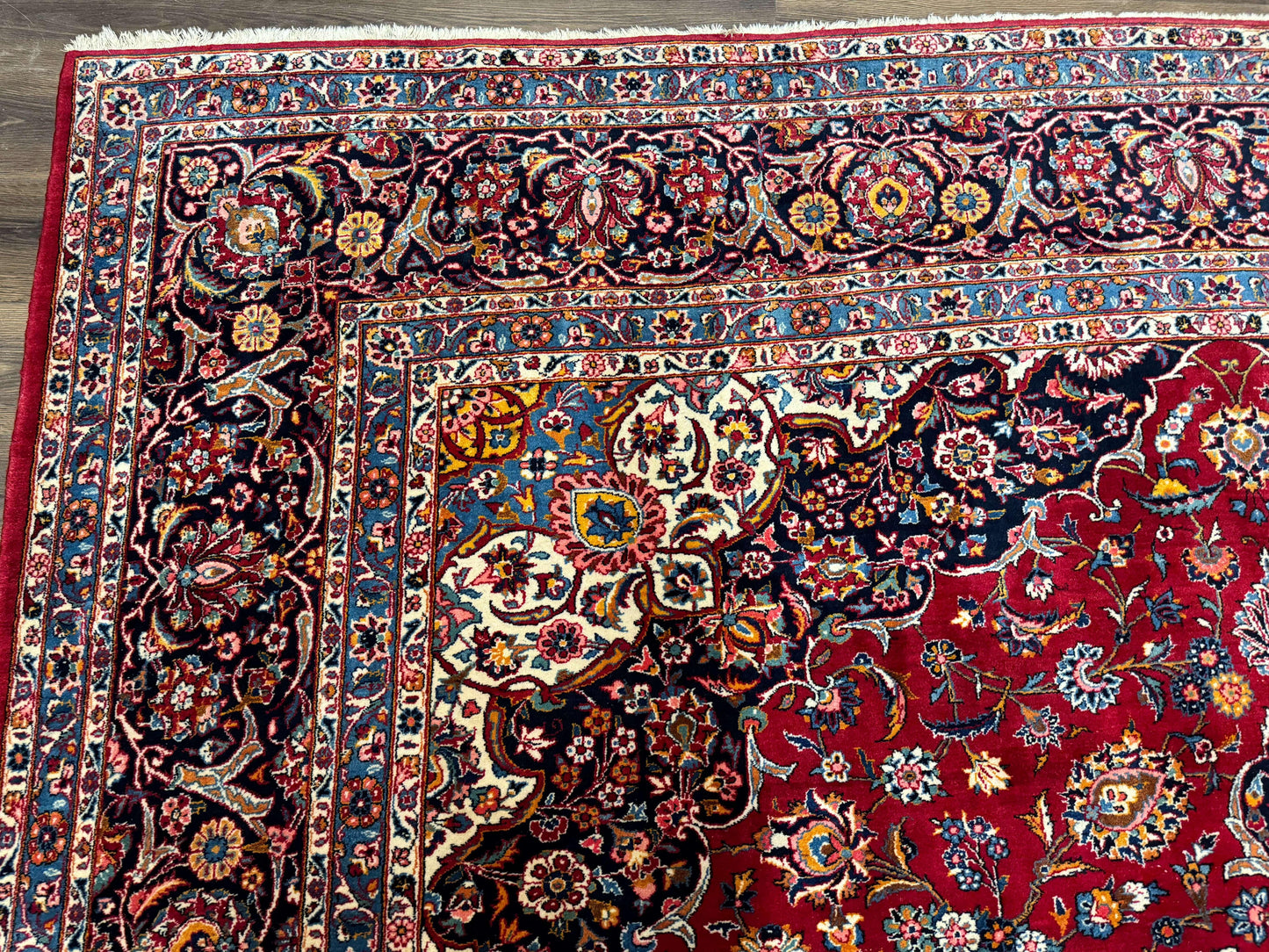 Large Persian Kashan Rug 11x14, Traditional Persian Carpet, Wool, Fine 250 KPSI, Red Navy Blue - Nuvé