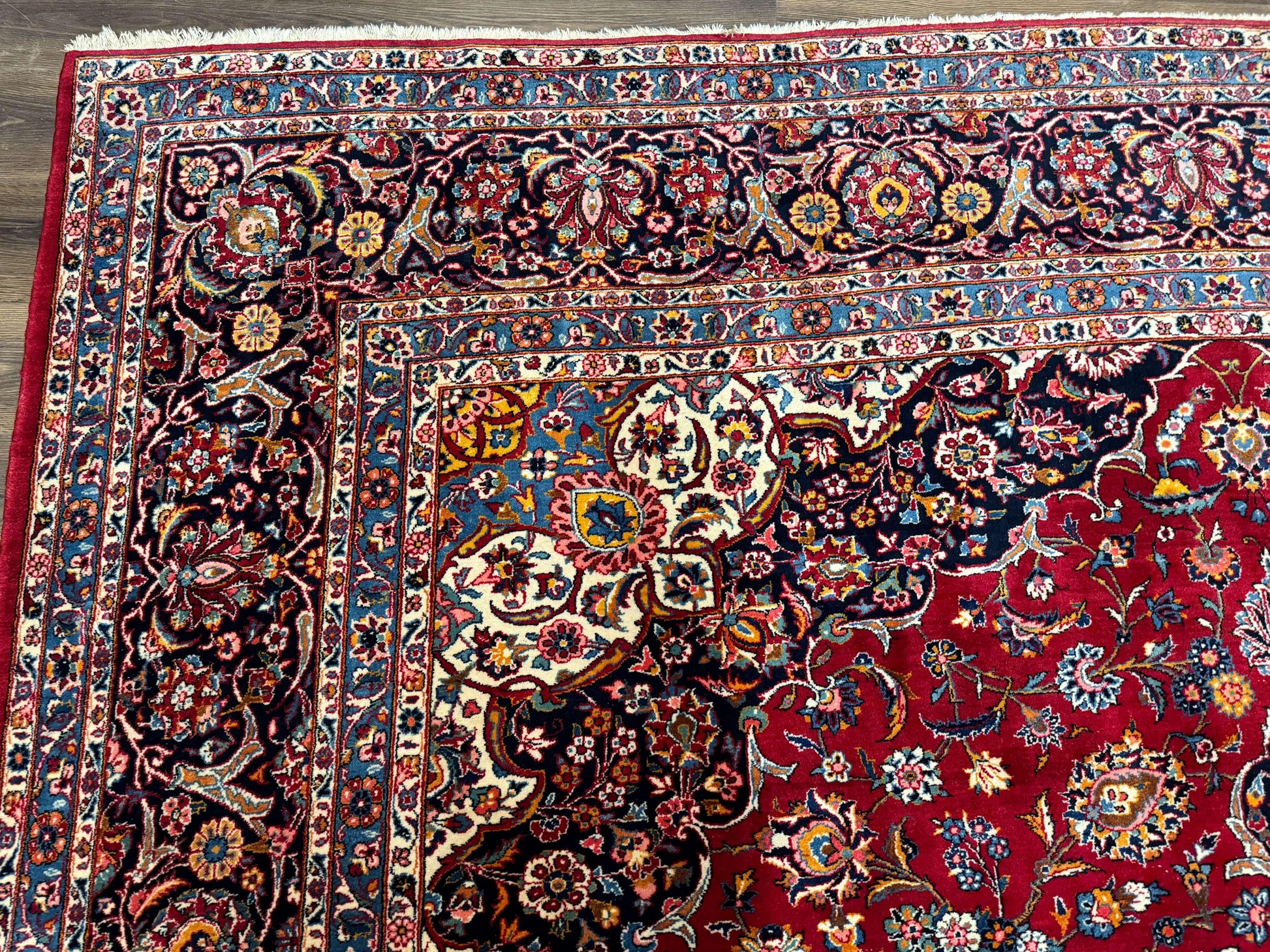 Large Persian Kashan Rug 11x14, Traditional Persian Carpet, Wool, Fine 250 KPSI, Red Navy Blue - Nuvé