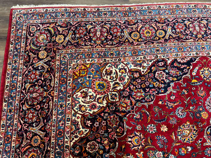 Large Persian Kashan Rug 11x14, Traditional Persian Carpet, Wool, Fine 250 KPSI, Red Navy Blue - Nuvé