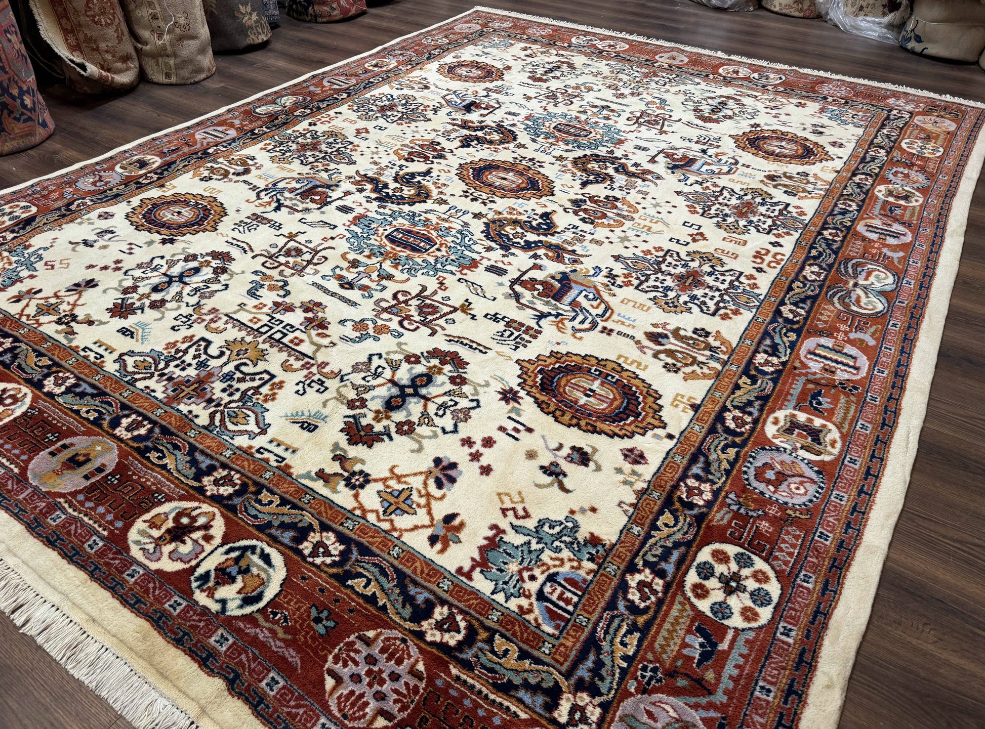 Indo Chinese Wool Rug 9x12, Ivory and Rust Red, Dragon Motifs - Nuvé