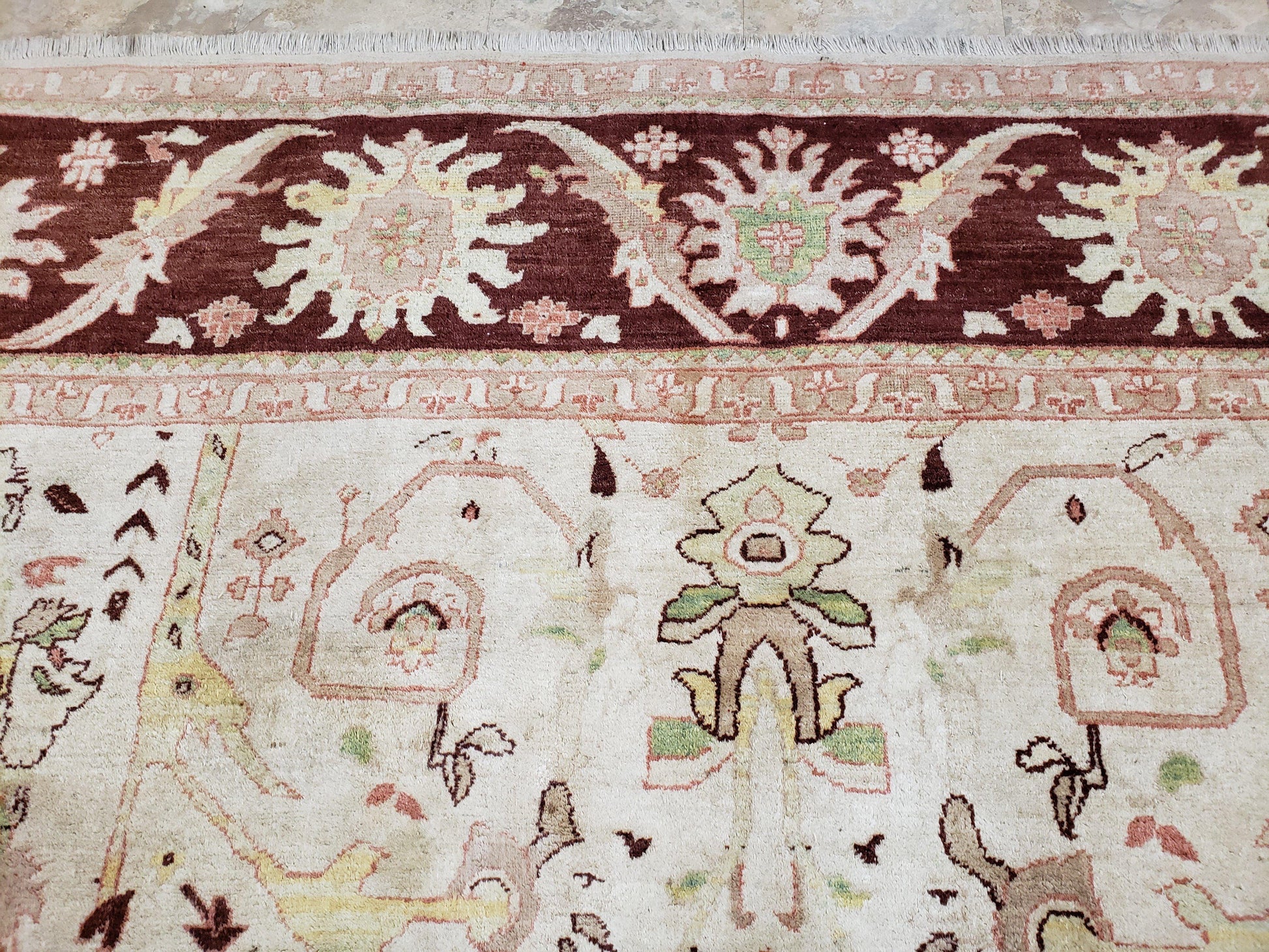 Beige and Maroon Peshawar Rug 10x15, Large Oushak Carpet, Pakistani Rug, Handmade Area Rug, Hand Knotted Rug, Living Room Rug, Nice Wool Rug - Nuvé