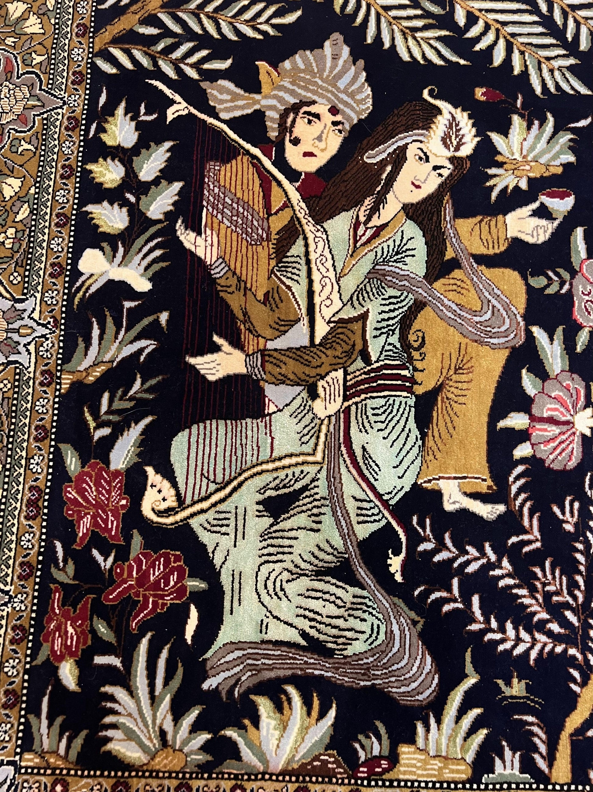 Persian Qum Pictorial Rug 4.8 x 6.5 - Layla & Majnun, Birds - Nuvé