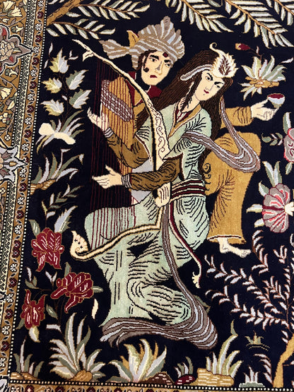 Persian Qum Pictorial Rug 4.8 x 6.5 - Layla & Majnun, Birds - Nuvé