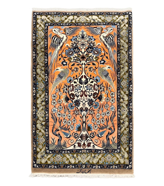 Very Fine Small Persian Isfahan Rug 2.6 x 4, Kork Wool on Silk Hand-Knotted Vintage Animal Pictorials Birds Vase, Signature Masterweaver, Orange