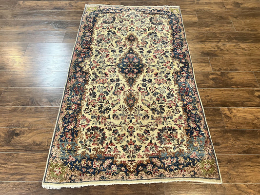 Antique Persian Kirman Rug 4x7, Cream and Navy Blue, Hand Knotted Wool Floral Carpet - Nuvé