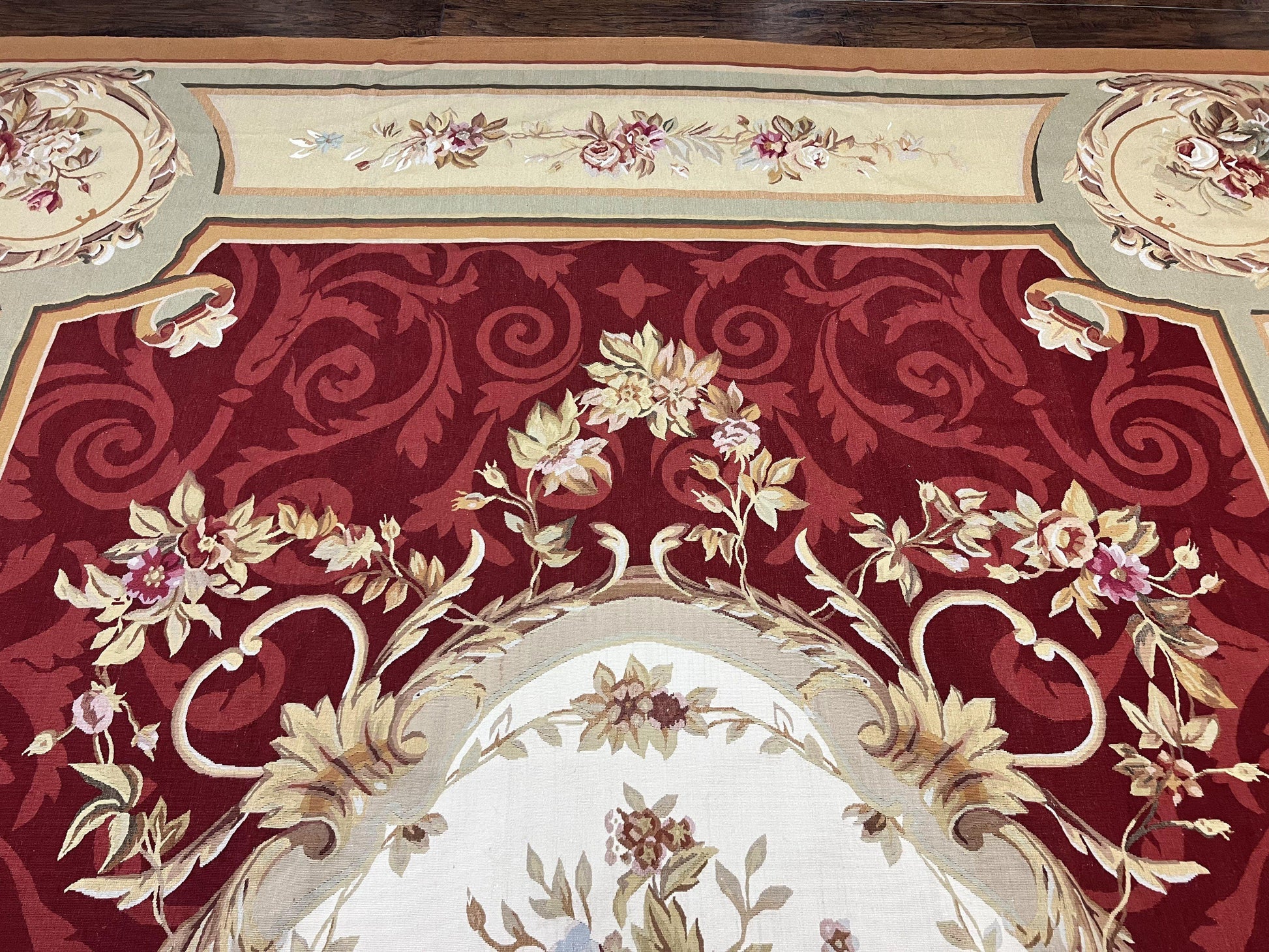Large Aubusson Rug 10x14, Wool Handmade Vintage Carpet, Dark Red Ivory Tan, French European Elegant Aubusson Weave Rug - Nuvé