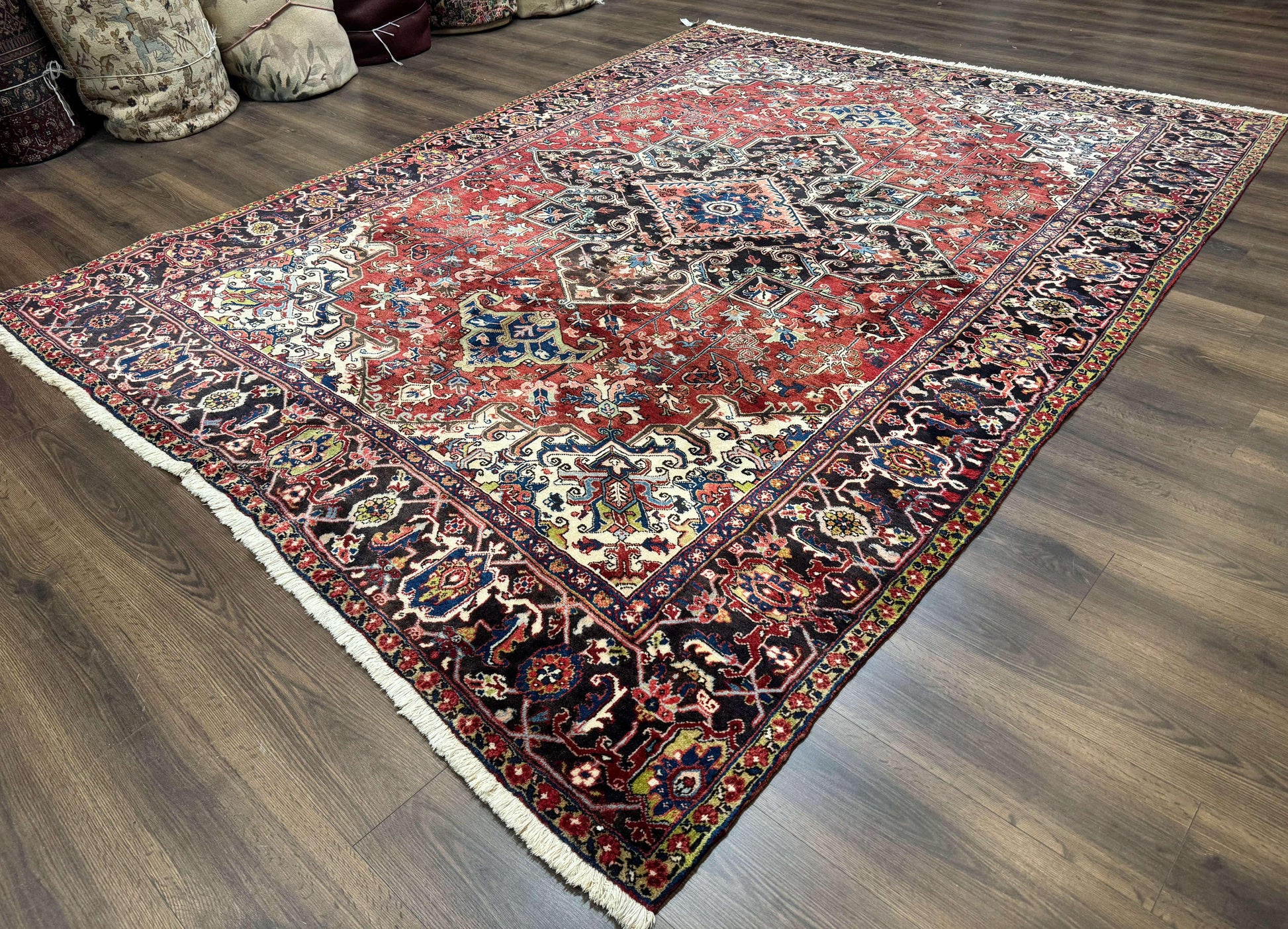 Antique Persian Heriz Rug 8x11, Geometric Tribal Wool Carpet, Brick Red - Nuvé