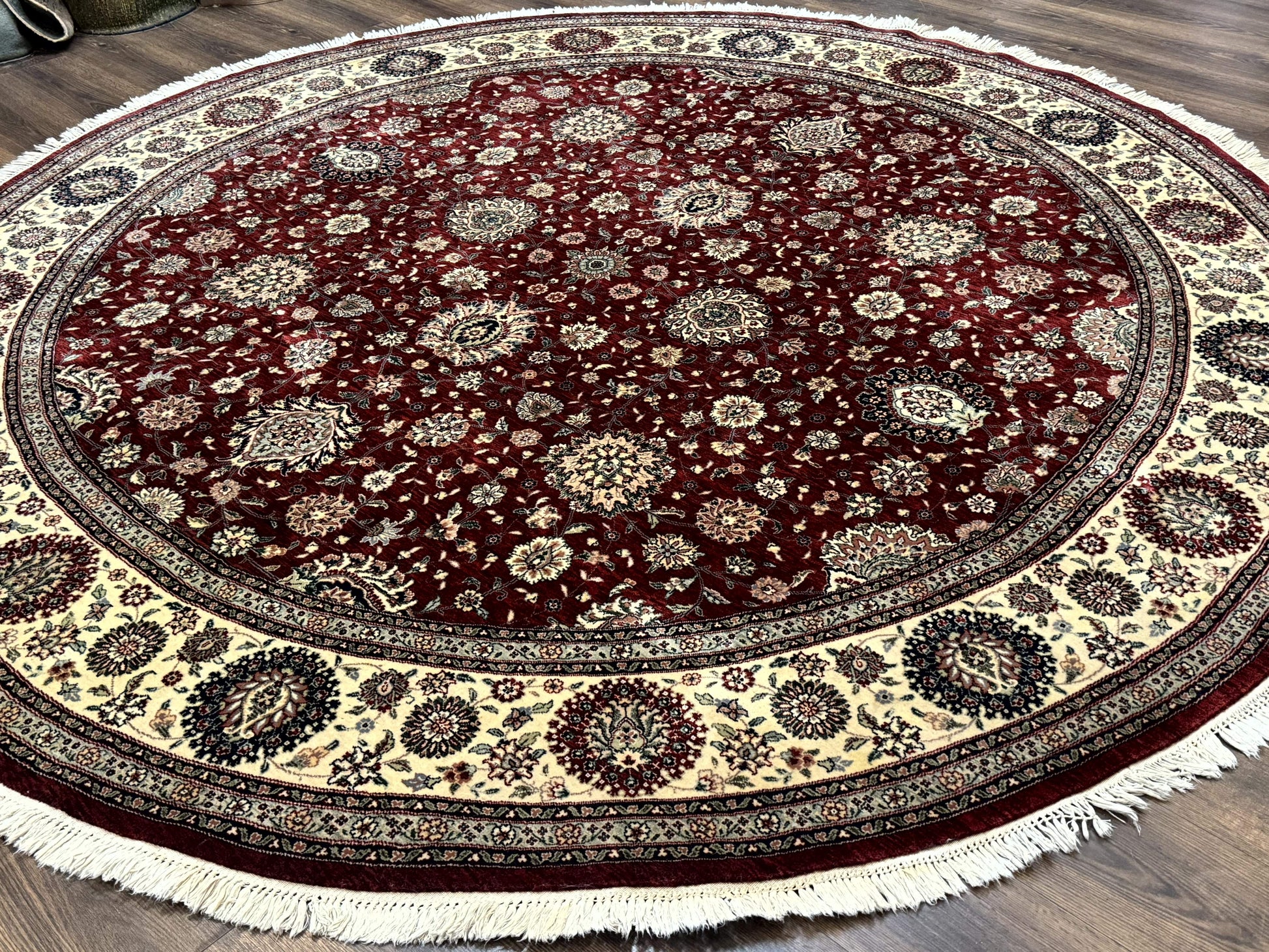 Round Sino Persian Rug 9x9, Burgundy and Cream, Floral, Wool and Silk, 9ft Round Carpet - Nuvé