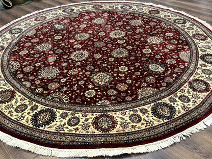 Round Sino Persian Rug 9x9, Burgundy and Cream, Floral, Wool and Silk, 9ft Round Carpet - Nuvé