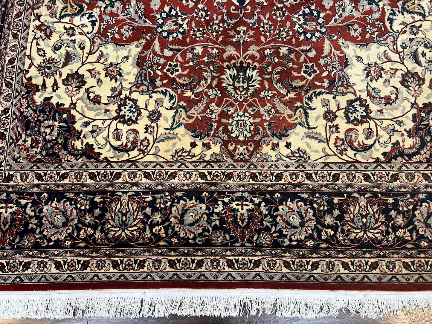 Fine Sino Persian Rug 7x10 ft, Floral Central Medallion Oriental Carpet, Red Navy Blue Cream, Hand Knotted Wool Traditional Vintage Rug - Nuvé