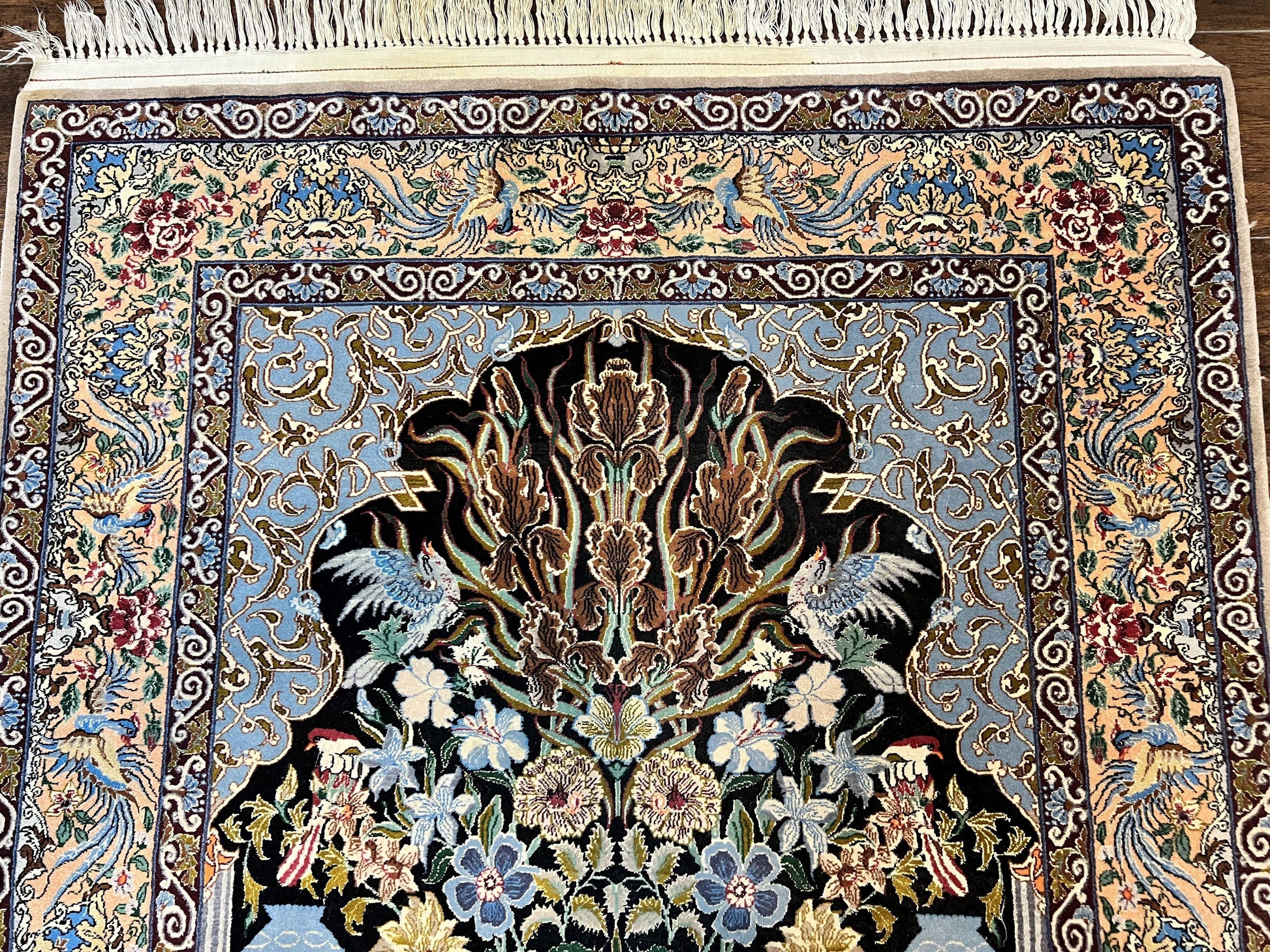 Wonderful Persian Isfahan Rug 3.7 x 5, Kork Wool on Silk Foundation, Very Fine 460 KPSI, Tree of Life Persian Vase Design Animal Pictorials Peacocks - Nuvé