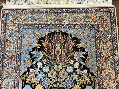 Wonderful Persian Isfahan Rug 3.7 x 5, Kork Wool on Silk Foundation, Very Fine 460 KPSI, Tree of Life Persian Vase Design Animal Pictorials Peacocks - Nuvé
