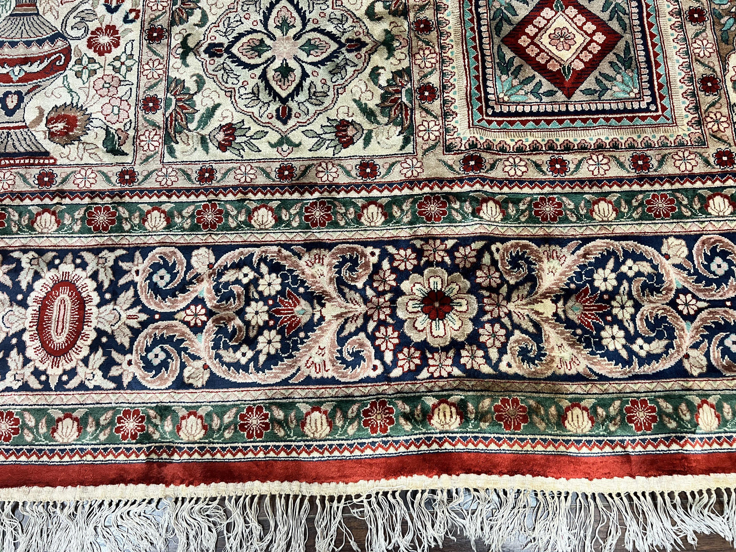 Silk Sino Persian Rug 9x12, Panel Design, Garden of Eden Pattern, Fine 200 KPSI, Hand Knotted Room Sized Silk Carpet, Vintage - Nuvé