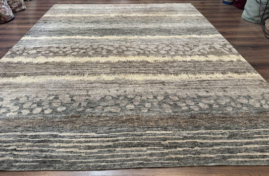 Modern Tibetan Wool Rug 8x10, Abstract, Contemporary, Handmade, Gray, Stripes - Nuvé