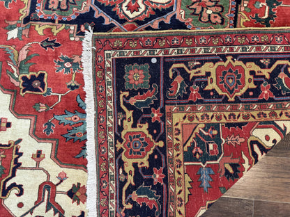 Persian Heriz Serapi Rug 8 x 10.6, Geometric Medallion, Great Colors, Rare, Red Navy Blue Ivory - Nuvé