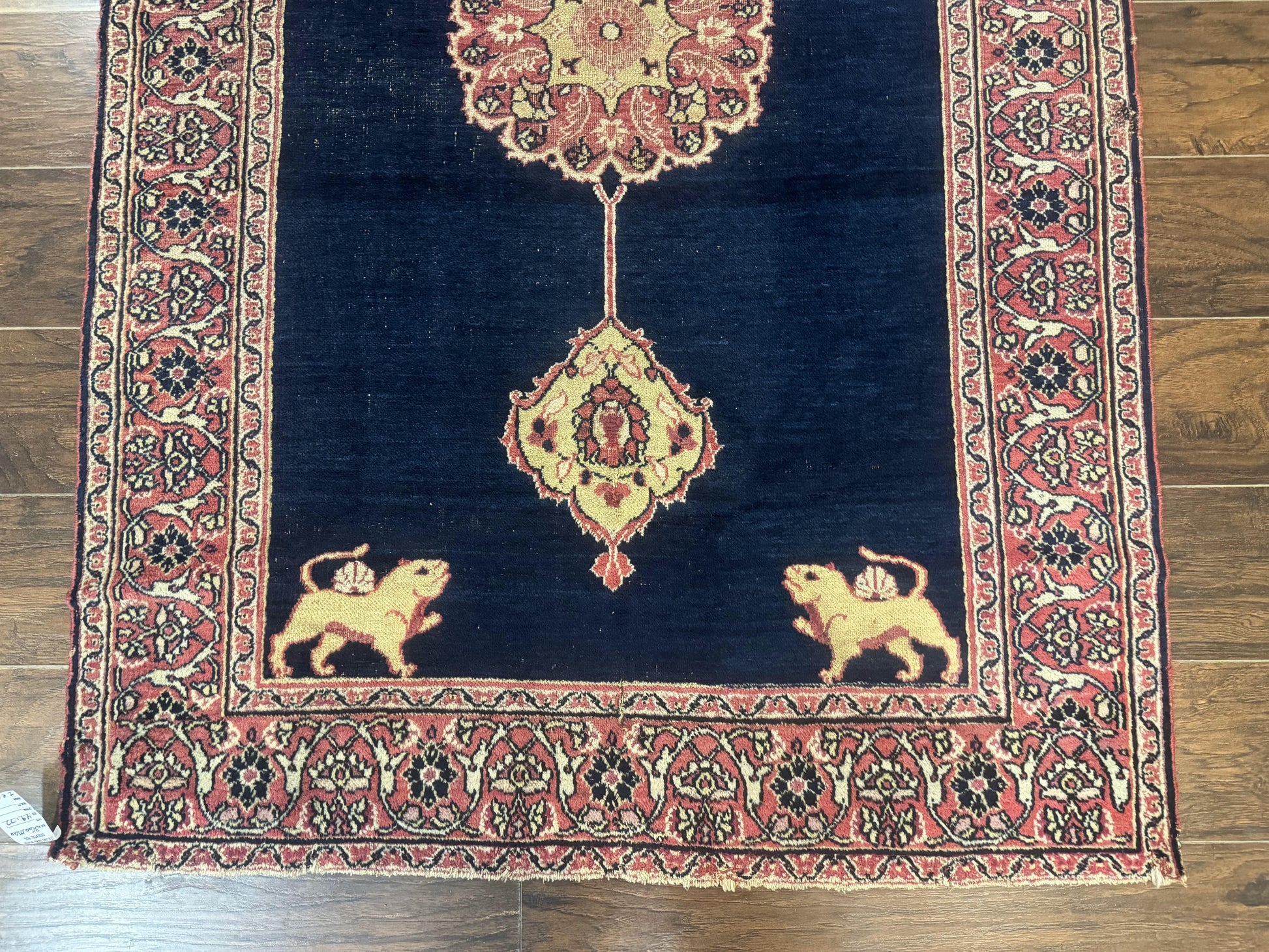 Antique Persian Mashad Rug 4x6, Semi Open Field, Navy Blue, Lion Pictorials, Triple Medallion, Dorokhsh Rug - Nuvé
