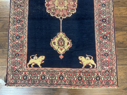 Antique Persian Mashad Rug 4x6, Semi Open Field, Navy Blue, Lion Pictorials, Triple Medallion, Dorokhsh Rug