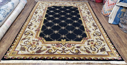 Nepal Rug 6x9, New Aubusson Nepalese Tibetan Carpet 6'1" x 8' 8", Hand-Knotted Wool, Unused, Black & Cream, Savonnerie Pattern, Soft Pile - Nuvé