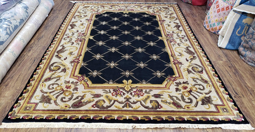 Nepal Rug 6x9, New Aubusson Nepalese Tibetan Carpet 6'1" x 8' 8", Hand-Knotted Wool, Unused, Black & Cream, Savonnerie Pattern, Soft Pile - Nuvé