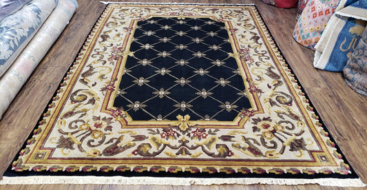 Nepal Rug 6x9, New Aubusson Nepalese Tibetan Carpet 6'1" x 8' 8", Hand-Knotted Wool, Unused, Black & Cream, Savonnerie Pattern, Soft Pile - Nuvé