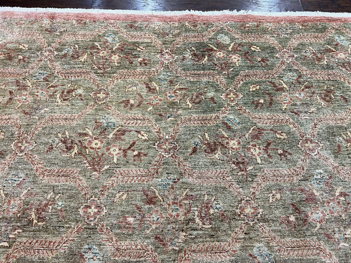 Large Modern Pakistani Rug 9x12, Handmade Wool Carpet, Peshawar Rug, Hand Knotted Oriental Rug, Contemporary, Floral, Light Green - Nuvé