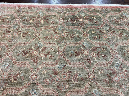 Large Modern Pakistani Rug 9x12, Handmade Wool Carpet, Peshawar Rug, Hand Knotted Oriental Rug, Contemporary, Floral, Light Green - Nuvé