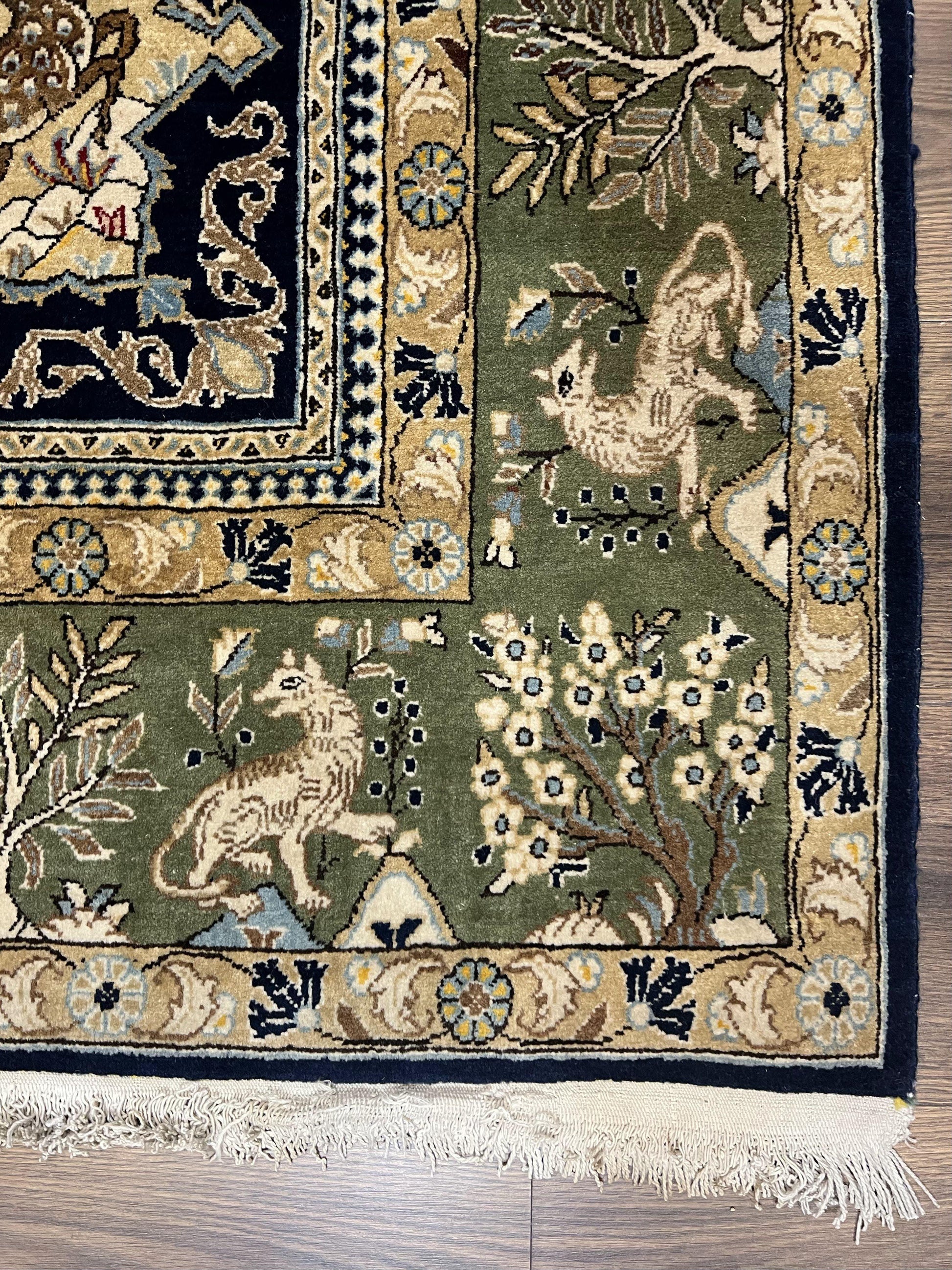 Wonderful Persian Qum Rug 6x9, Animal Pictorials, Tree of Life, Deer Birds, Hand Knotted Oriental Ghom Carpet, Semi Antique Vintage, Navy Blue Green - Nuvé