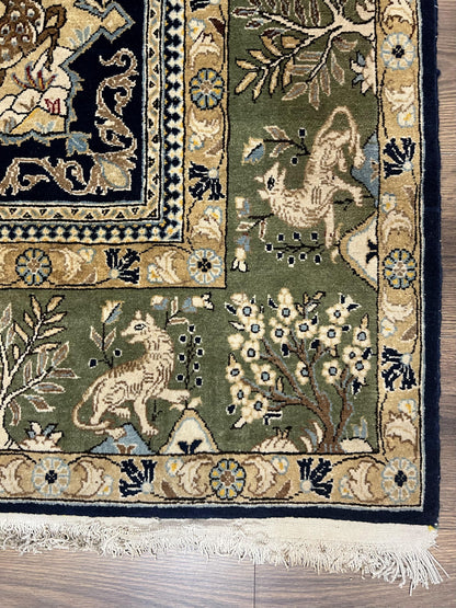 Wonderful Persian Qum Rug 6x9, Animal Pictorials, Tree of Life, Deer Birds, Hand Knotted Oriental Ghom Carpet, Semi Antique Vintage, Navy Blue Green - Nuvé
