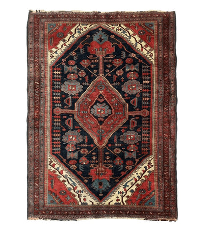 Antique Persian Bidjar Rug 5x6, Navy Blue and Red, Persian Tribal Rug