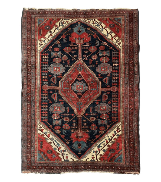Antique Persian Bidjar Rug 5x6, Navy Blue and Red, Persian Tribal Rug