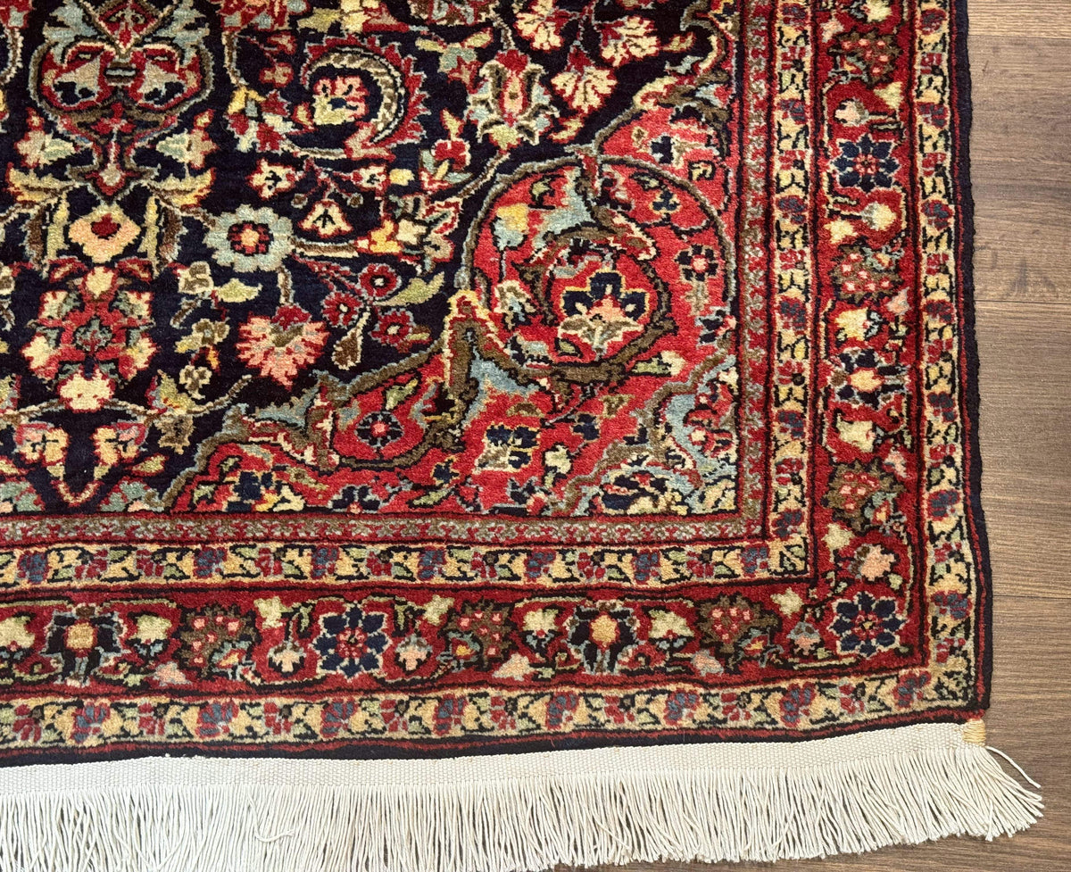 Antique Persian Sarouk Rug 4x5, Dark Blue and Red, Floral Medallion, Fine