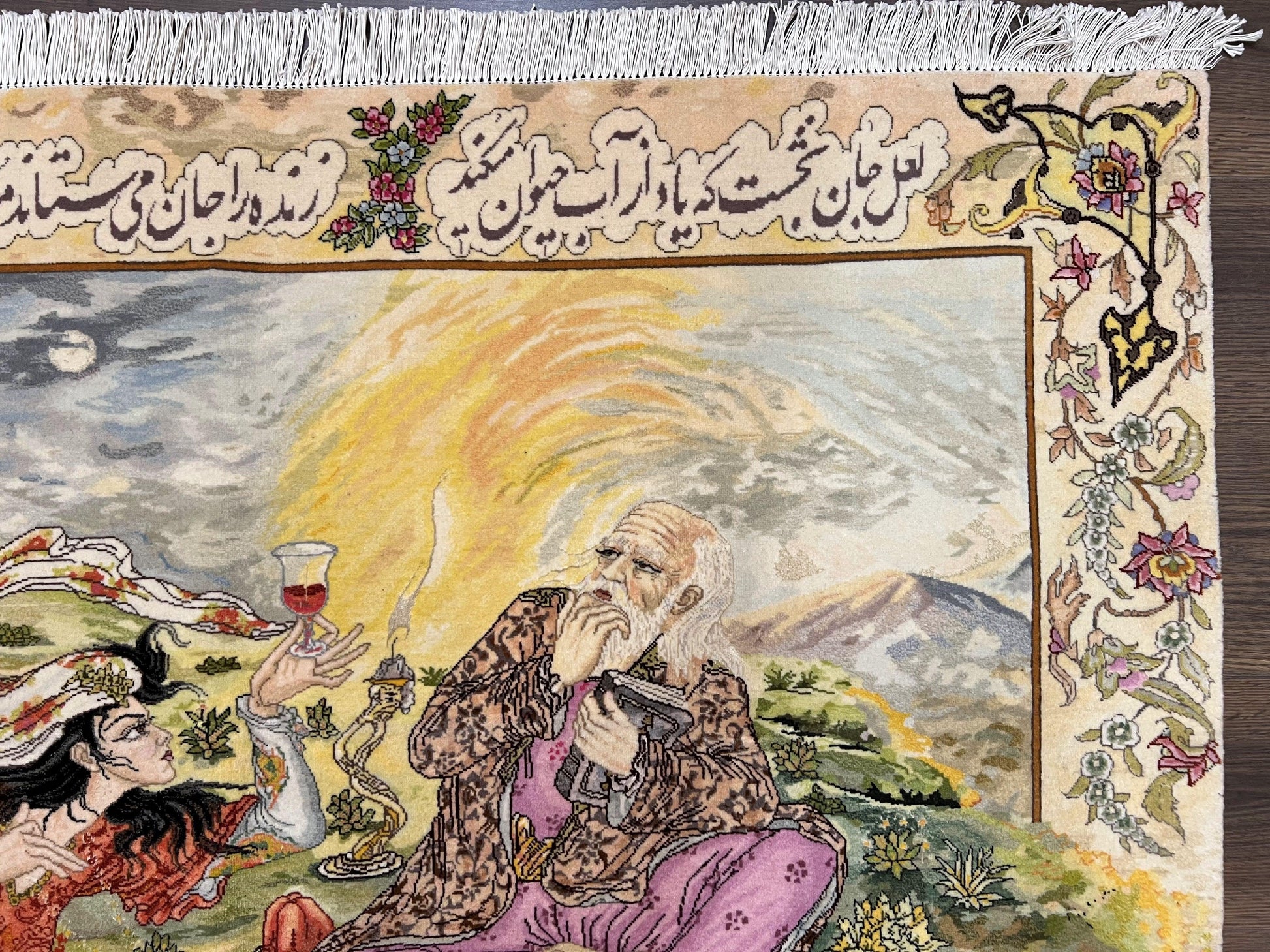 Persian Tabriz Pictorial Rug 5x3, Hafez Poetry In Border, Very Fine Hand Knotted Carpet, Wall Hanging Wool Oriental Carpet 3x5, Highly Detailed - Nuvé