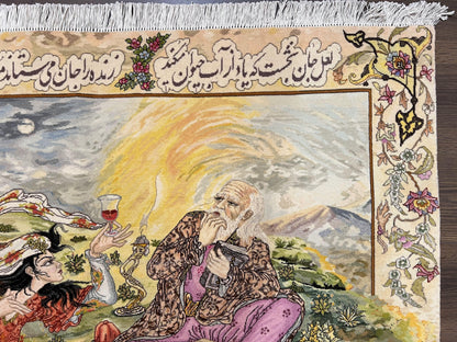 Persian Tabriz Pictorial Rug 5x3, Hafez Poetry In Border, Very Fine Hand Knotted Carpet, Wall Hanging Wool Oriental Carpet 3x5, Highly Detailed - Nuvé