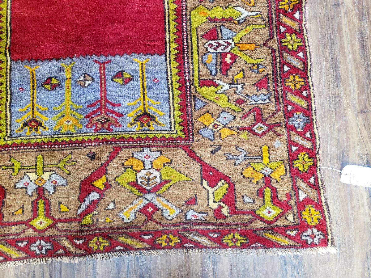 Antique Turkish Prayer Rug 3.8 x 5ft, Colorful Prayer Rug, Red Blue Gold Multicolor Turkish Anatolian Carpet, Handmade Hand-Knotted, Wool