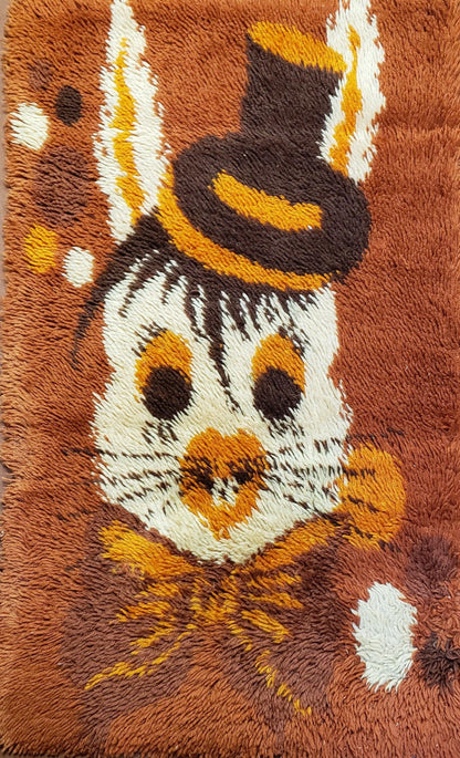 2x3 Rya Shag Rug Mid-Century Modern Danish Shag Rug 1960s Accent Rug Bunny Rabbit in Hat Dark Orange Small Shag Rug