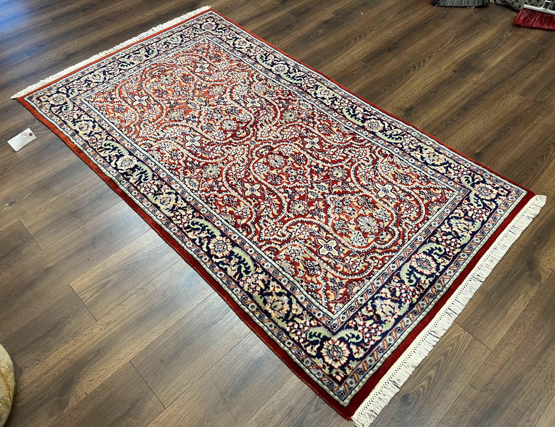 Indo Persian Rug 4x7, Allover Floral Oriental Carpet, Red and Navy Blue, Hand Knotted Indian Kashmiri Traditional Vintage Area Rug 4 x 7 ft - Nuvé