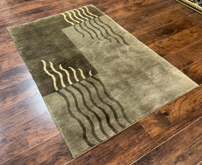 Modern Tibetan Wool Rug 3.6 x 5.6, Shades of Green, Abstract Design - Nuvé