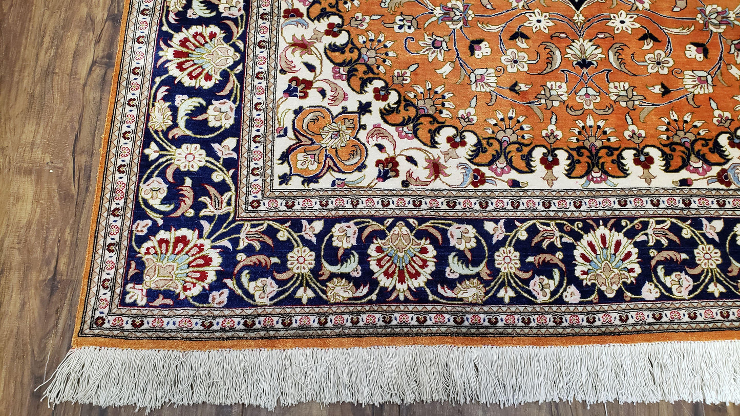 Vintage Persian Qum Silk Rug 4.6 x 6.7, Burnt Orange and Navy Blue, Antique Oriental Very Fine Signature Master Weaver 350+ KPSI Ghom Qom 5x7 Rug - Nuvé