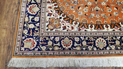 Vintage Persian Qum Silk Rug 4.6 x 6.7, Burnt Orange and Navy Blue, Antique Oriental Very Fine Signature Master Weaver 350+ KPSI Ghom Qom 5x7 Rug - Nuvé