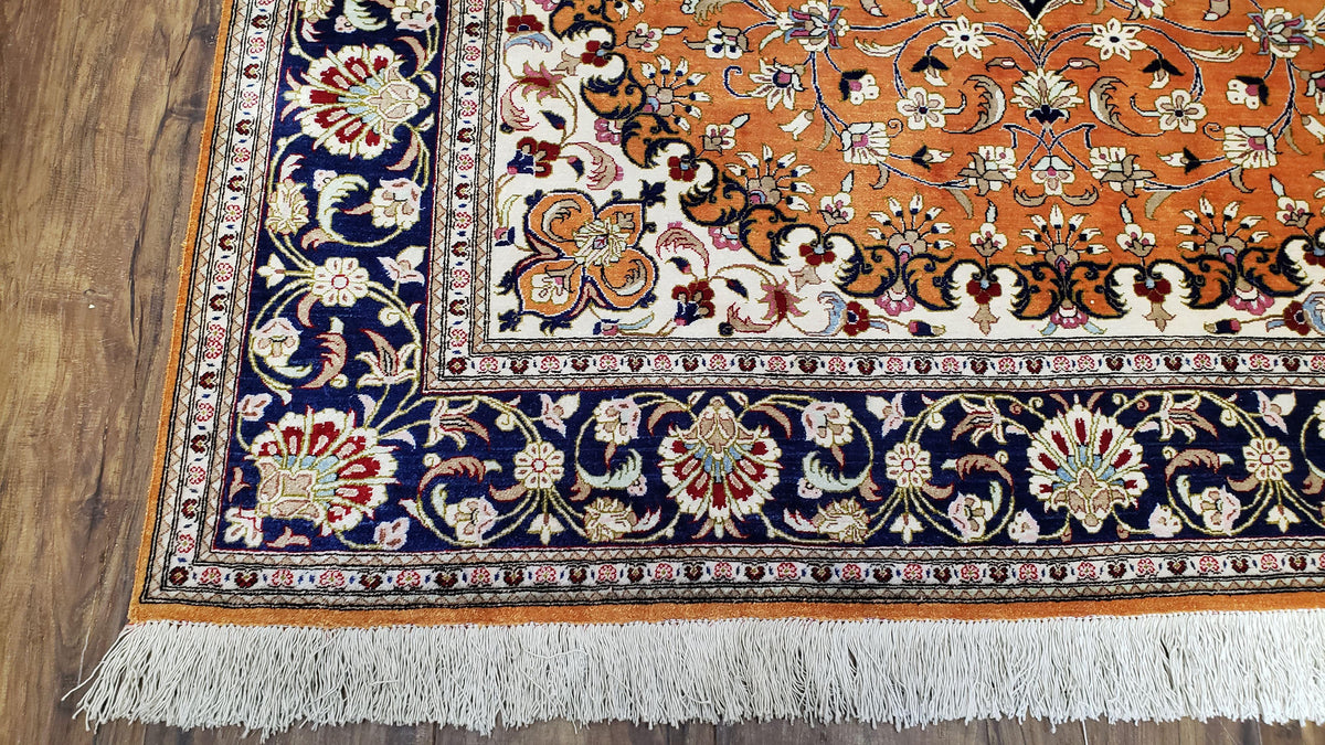 Vintage Persian Qum Silk Rug 4.6 x 6.7, Burnt Orange and Navy Blue, Antique Oriental Very Fine Signature Master Weaver 350+ KPSI Ghom Qom 5x7 Rug