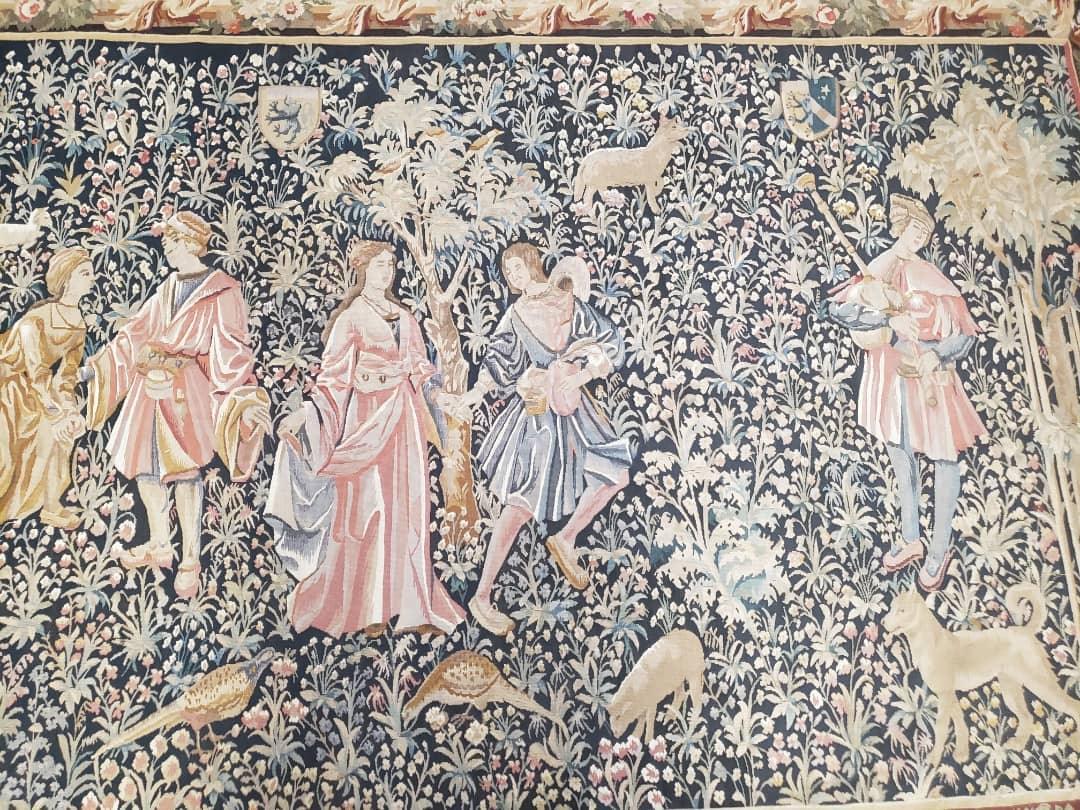 Vintage European Tapestry 5.4 x 7.11, Antique Style European Wall Hanging, Aubusson Weave Handmade Tapestry, Courtship Dating Scene, Animals - Nuvé