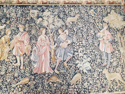 Vintage European Tapestry 5.4 x 7.11, Antique Style European Wall Hanging, Aubusson Weave Handmade Tapestry, Courtship Dating Scene, Animals - Nuvé