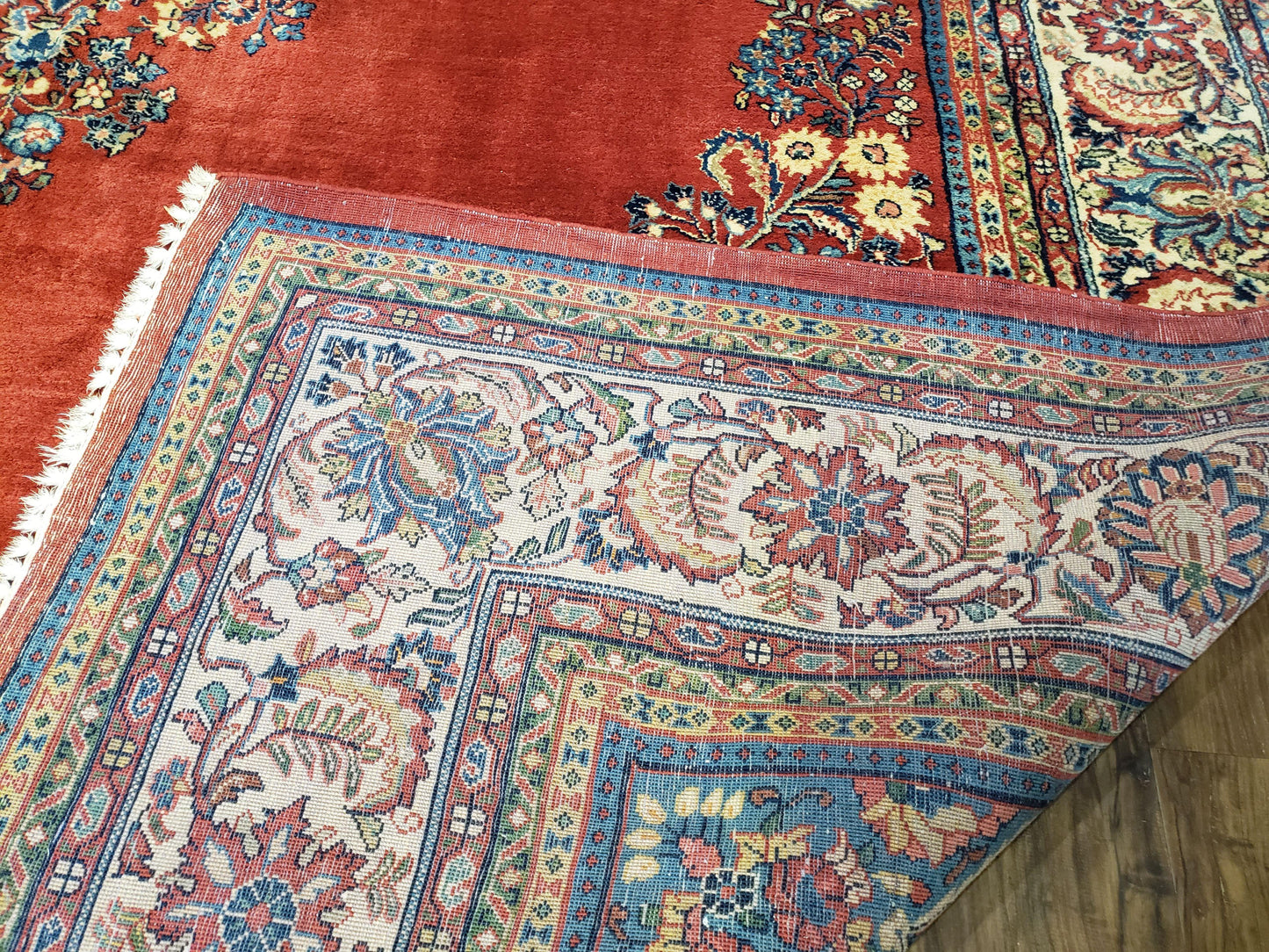 Semi Antique Persian Sarouk Rug 9x12,  Semi Open Field with Central Medallion, Hand Knotted Wool, Tomato Red, 9 x 12 Authentic Oriental Carpet - Nuvé