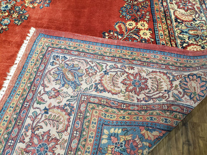 Semi Antique Persian Sarouk Rug 9x12,  Semi Open Field with Central Medallion, Hand Knotted Wool, Tomato Red, 9 x 12 Authentic Oriental Carpet - Nuvé