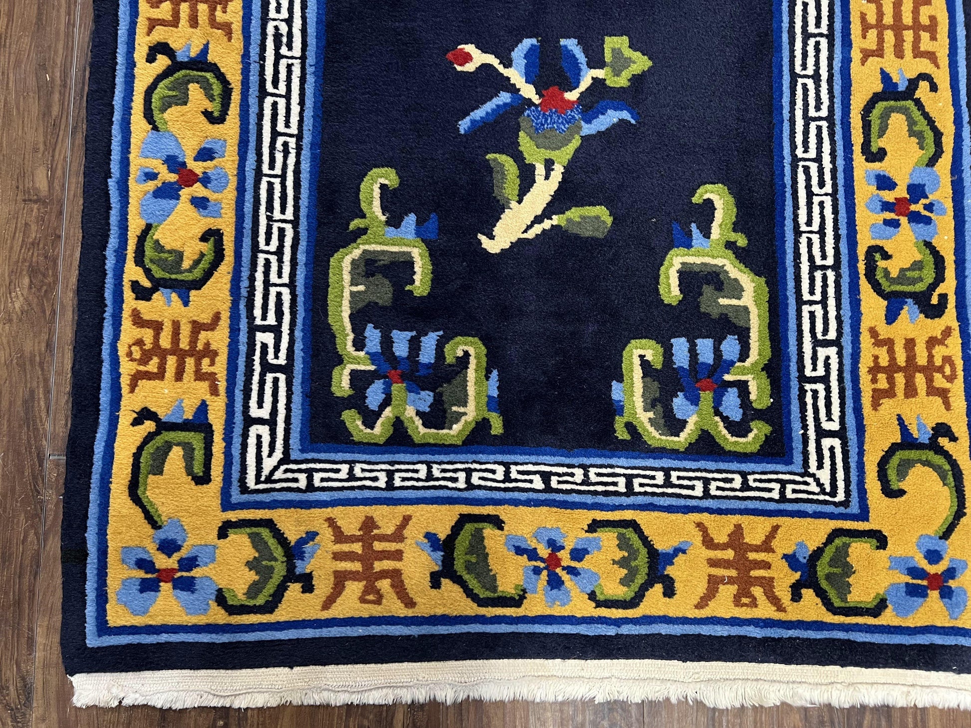 Chinese Art Deco Rug 3 x 5.9, Handmade Chinese Peking Carpet, Dark Blue and Gold, Medallion, Asian Oriental 3x6 Hand Knotted Vintage Rug - Nuvé