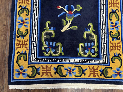 Chinese Art Deco Rug 3 x 5.9, Handmade Chinese Peking Carpet, Dark Blue and Gold, Medallion, Asian Oriental 3x6 Hand Knotted Vintage Rug - Nuvé
