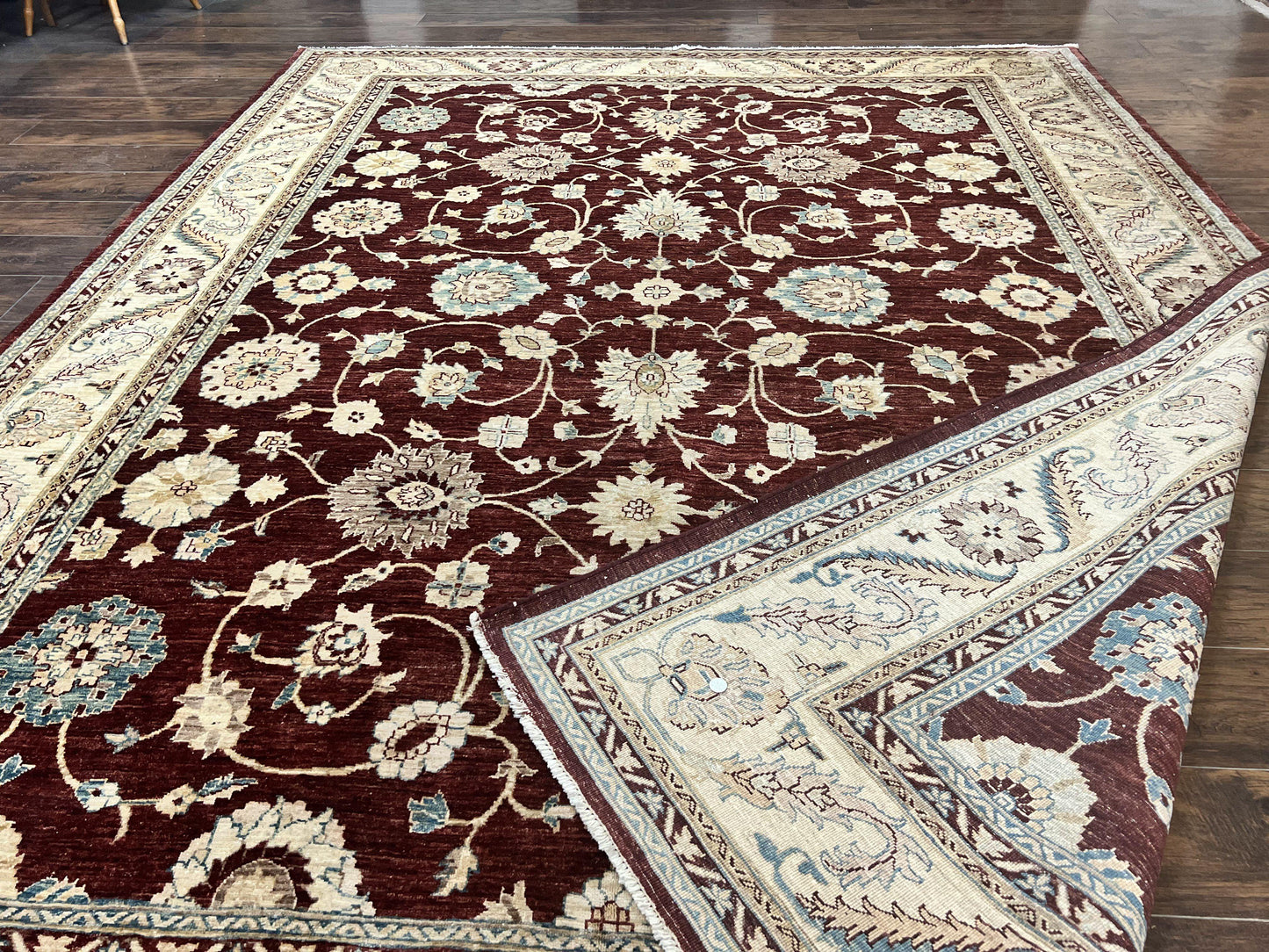 Peshawar Rug 9x11, Pakistani Oriental Carpet, Maroon and Beige, Floral Allover, Wool Hand Knotted Handmade Vintage Rug - Nuvé