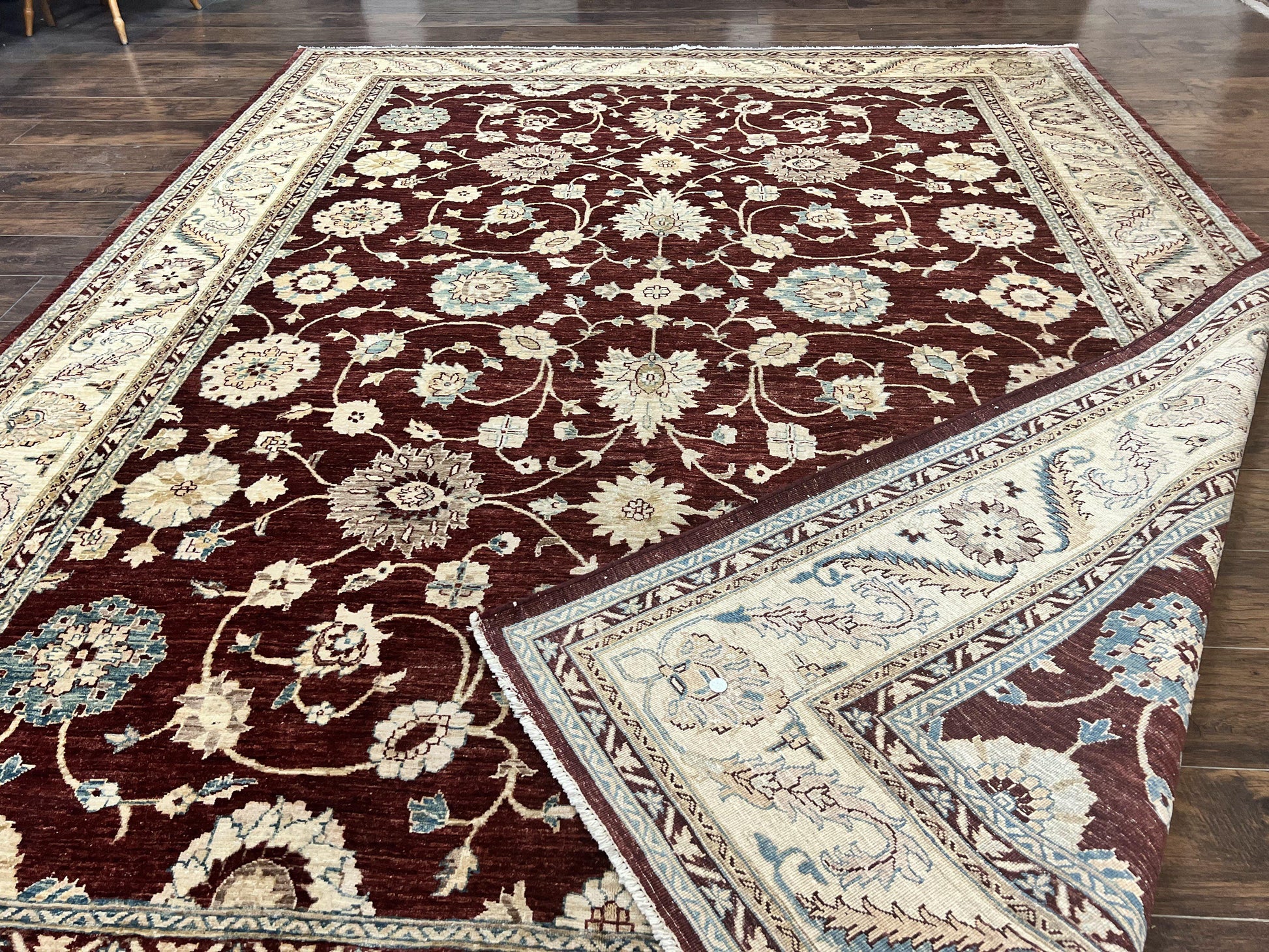 Peshawar Rug 9x11, Pakistani Oriental Carpet, Maroon and Beige, Floral Allover, Wool Hand Knotted Handmade Vintage Rug - Nuvé