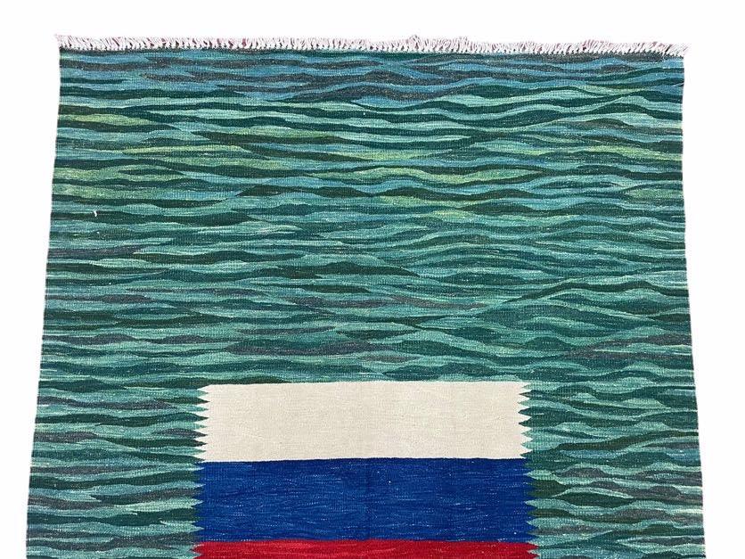 Sea Green Kilim Area Rug, White Blue Red Stripes, Russian Flag Rug, Flatweave Hand Knotted Carpet, Turkish Carpet, Wool, New, 5' 6" x 7' 10" - Nuvé